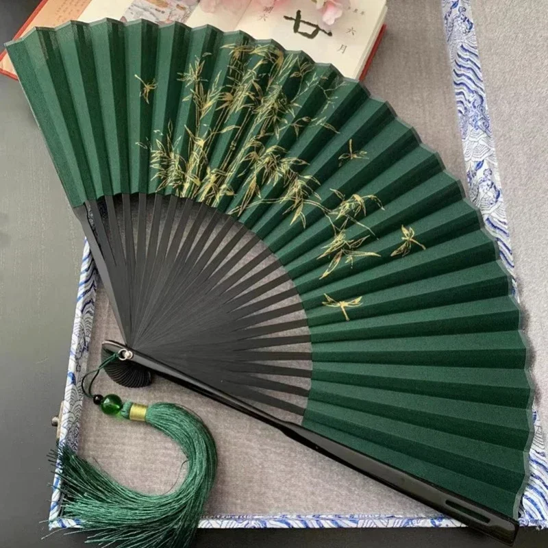 Chinese Style Folding Fan Male Portable 8-inch Retro Style Folding Classical Costume Fan Green Bamboo Forest