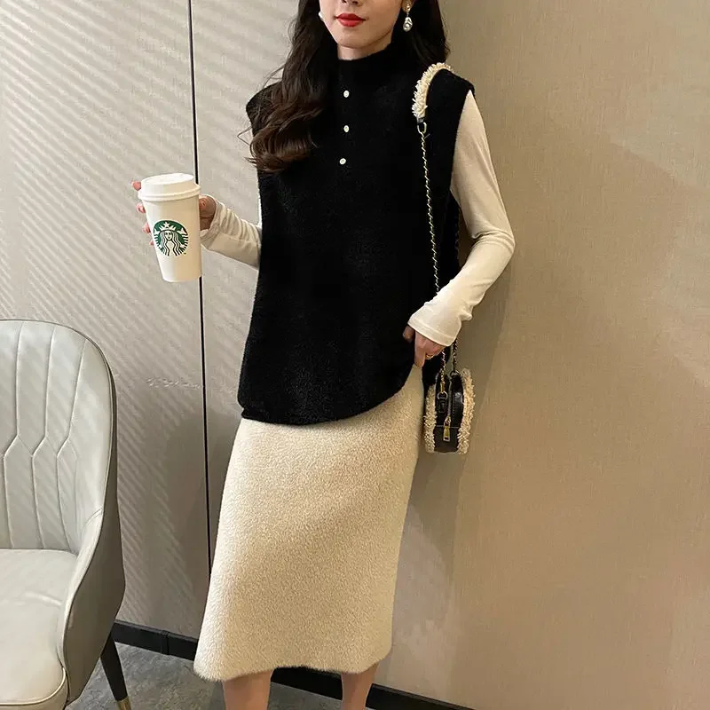 

Корейский свободный крой 2022, осенне-зимний вязаный жилет без рукавов с полувысоким воротником и пуговицами, декор средней длины, однотонная однотонная универсальная накидка-топ