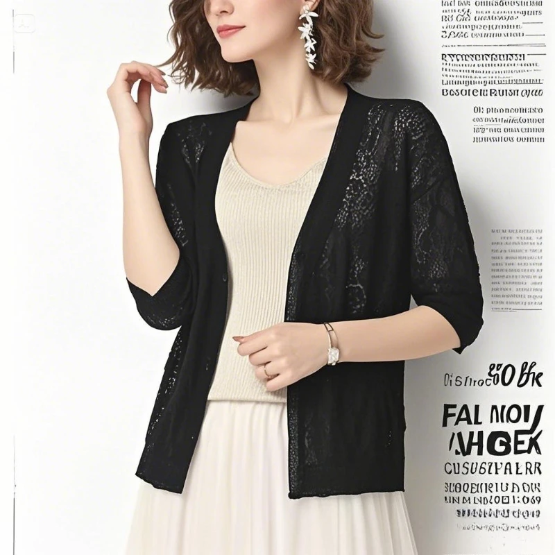 

Женский укороченный ажурный кардиган в Корейском стиле UPF 50+, лето 2023, ажурная шаль со средними рукавами, дышащий трикотаж