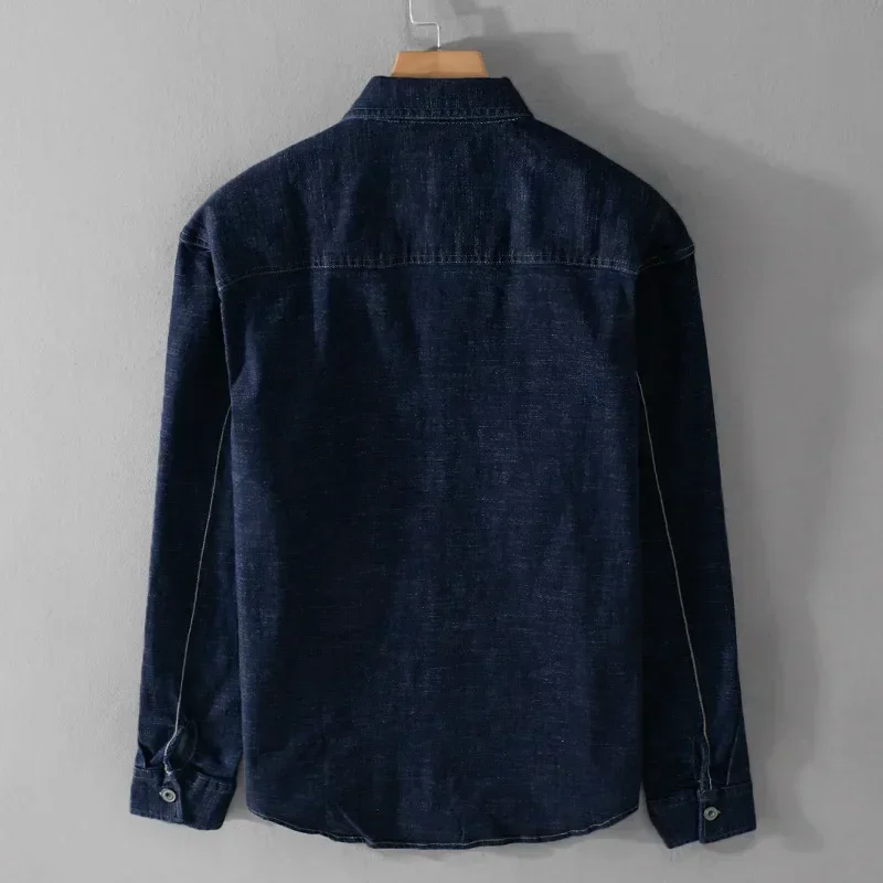 Korean Vintage Blue Denim Shirt Men Long Sleeve Spring Fall Cowboy Tops Casual Work Shirt Double Pocket Cotton Jean Shirts Male