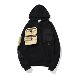 High Street Letter Embroidery Pocket Terry Hooded Hoodies for Men and Women Pullover Black Baggy Casual Sweatshirts Oversized