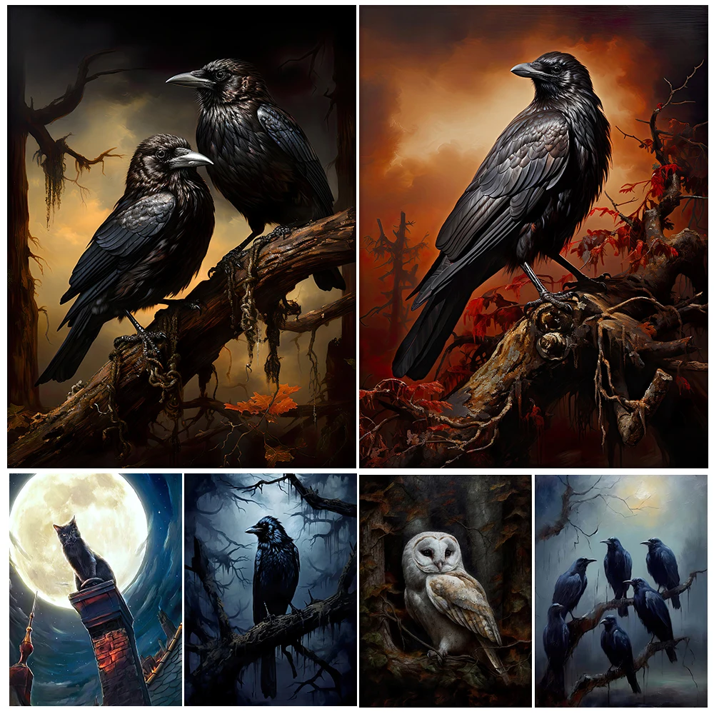 

Enchanting White Owl And Crows In The Dark Fall Forest Vintage Wall Art Canvas Painting Raven In Cemetary Art Poster Print Decor