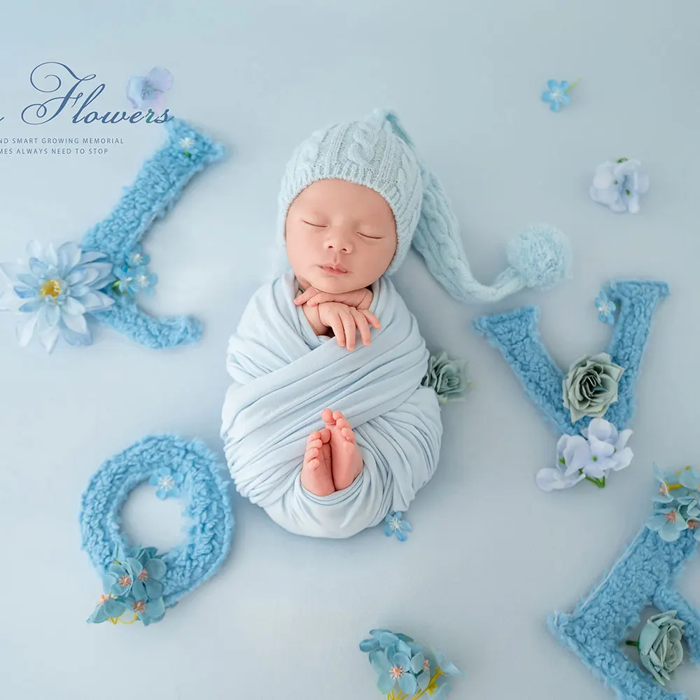 Newborn Baby Photography Prop Set Blue Knit Hat Wrap Blanket LOVE Letter Decor Infant Photo Shoot Studio Accessory For 0‑1M Baby