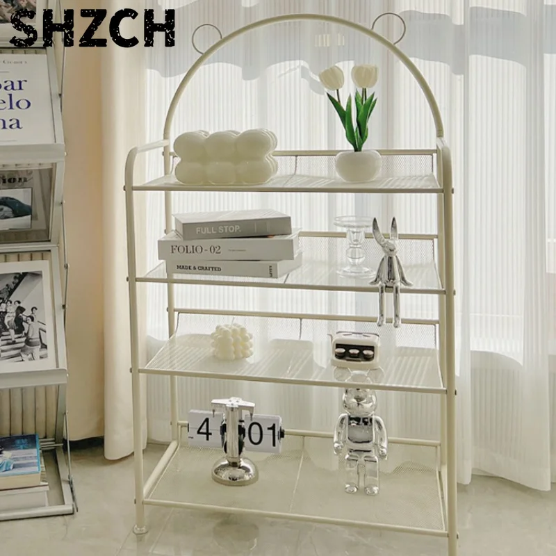 Multifunctional Cream Style Iron Storage Rack Tall Shelf for Room Balcony Plant Pot Stand Display Book Magazine Organizer Holder