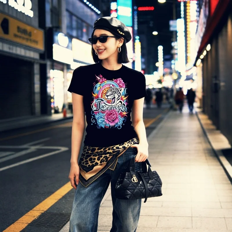 Punk Tiger Head Print Short Sleeve T-Shirt for Women Original Trendy Brand European And American Flat Weave New 2025