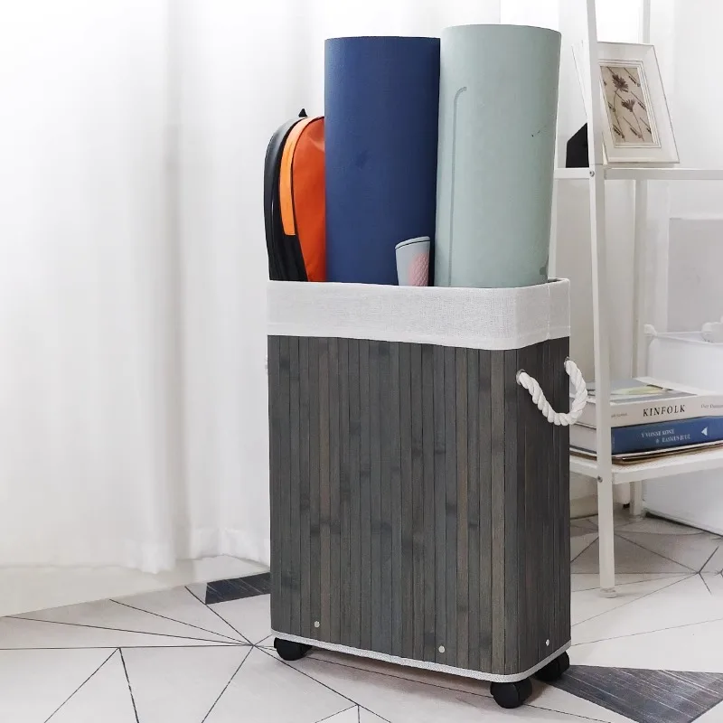 Luxury Yoga Mat Basket, Bamboo Caster Wheel Narrow Shelf, Home Laundry Storage Hamper, Stylish Large-Capacity End Table