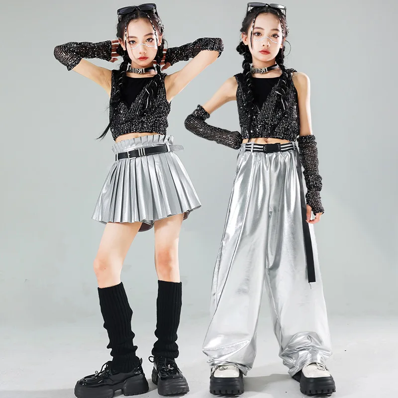 New Girls Sequin Crop Hoodies Street Dance Skirts Kids Hip Hop Jazz Silver Pants Clothes Sets Children Streetwear K-pop Costumes