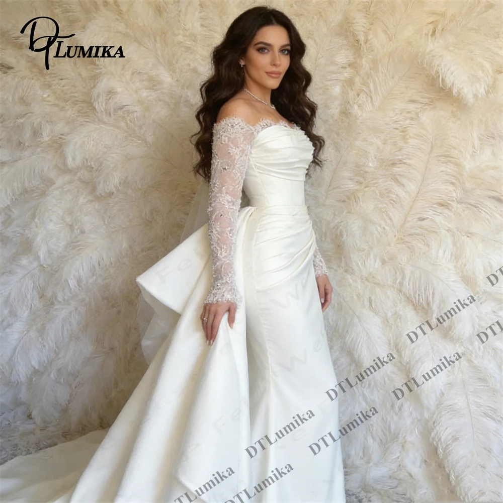 

Satin Mermaid Bride Dress Off Shoulder Lace Long Sleeve with Detachable Overskirt Train Church Bridal Gown Customized Size