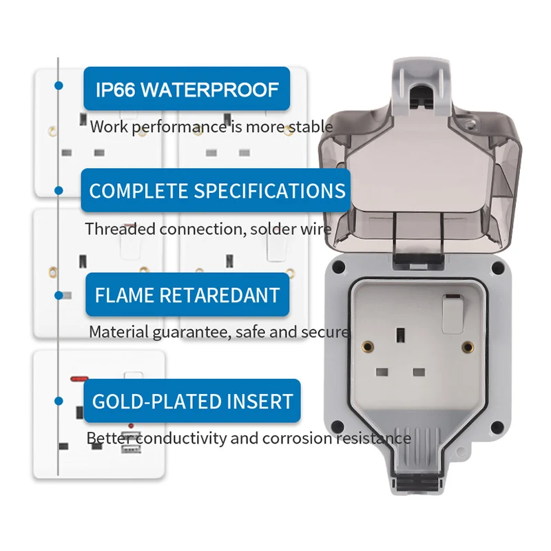 IP66 British Standard Waterproof Outdoor Wall Power Socket Box Universal UK Switched Outlet With USB Charging Port For Garden
