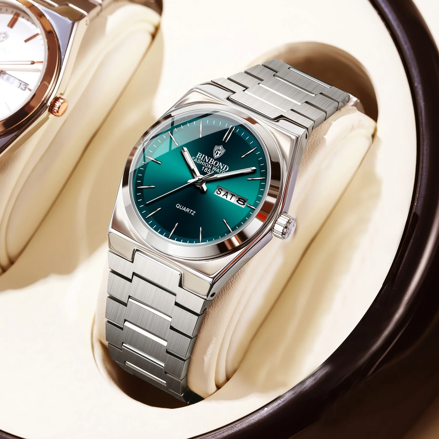 BINBOND Fashion Women's Green Dial Automatic Week Calendar Stainless Steel Strap Waterproof Quartz Watch Women's Birthday Gift