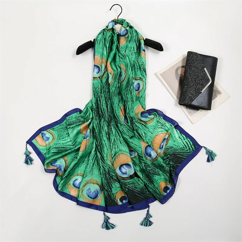 New Luxury Peacock Silk Shawl Scarf Women Print Design Pashmina Neckerchief Wrap 2023 Muslim Head Turban Bandana Foulard Echarpe