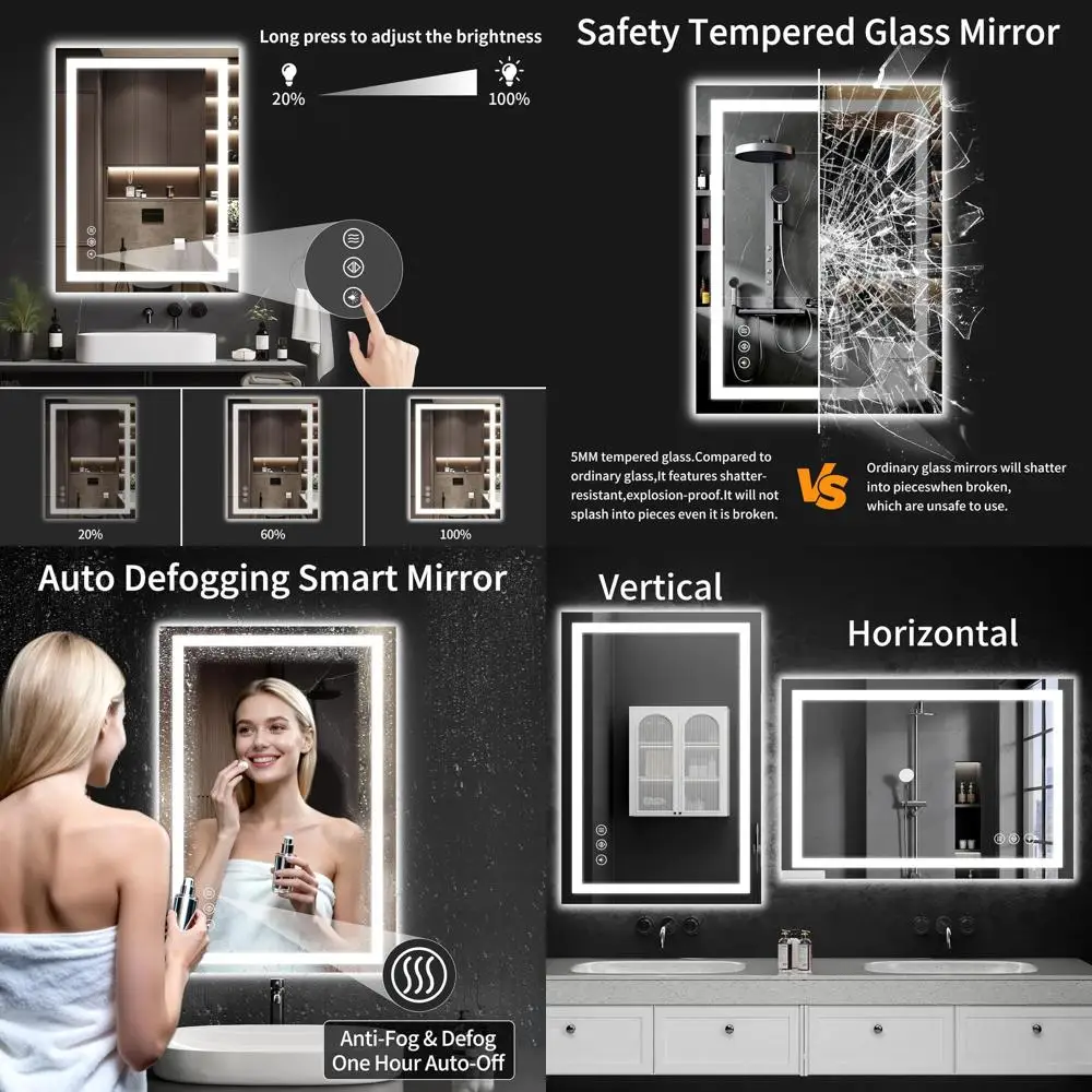 

Зеркало для ванной с LED-подсветкой и регулировкой яркости, 26x38, с функцией антизапотевания, из закаленного стекла, с функцией памяти, ударопрочное