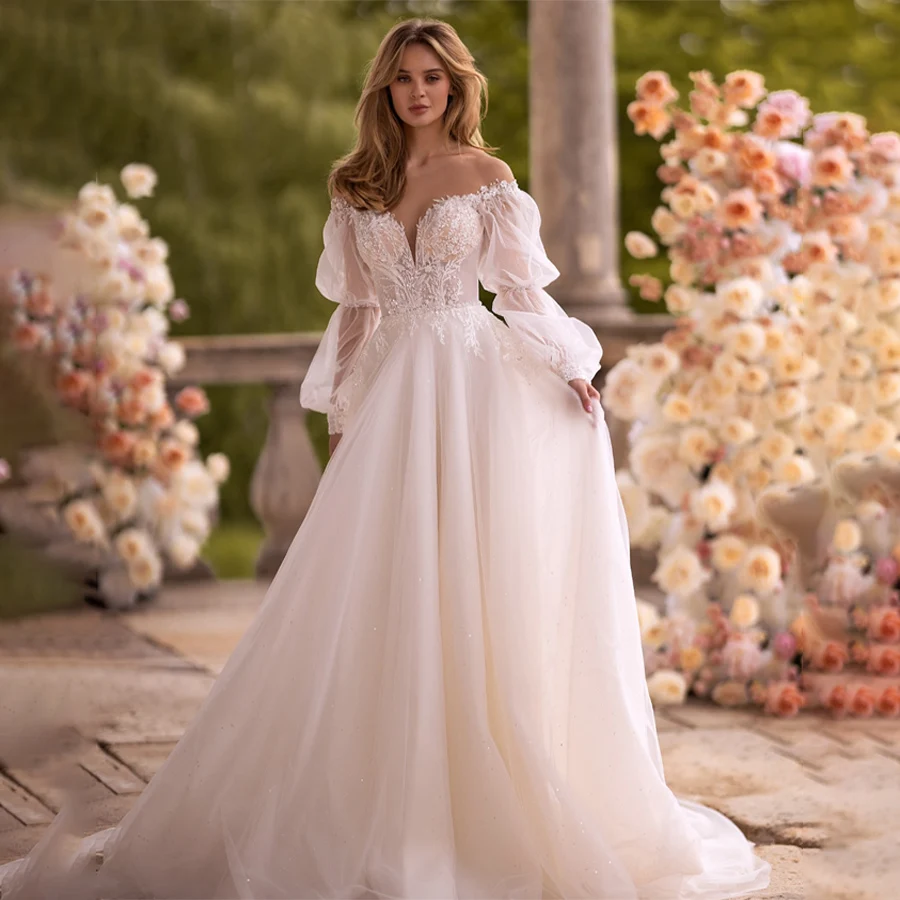 

Customized O-Neckline Lace Top Puff Sleeve Tull Wedding Dress A-Line Backless Deep V Designs Zipper Custom Bridal Gowns