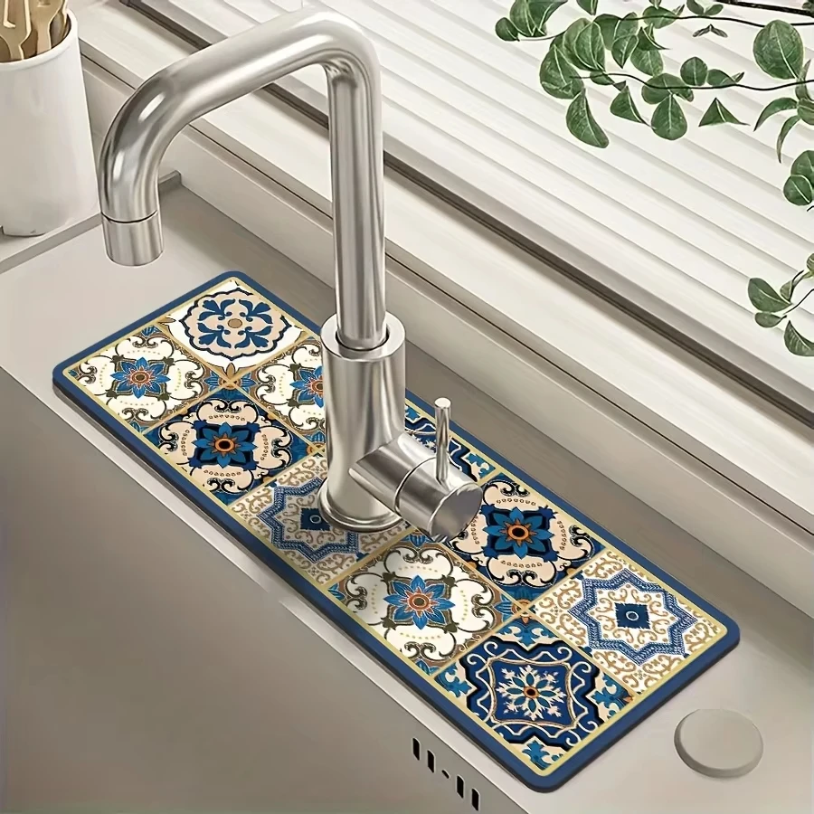 VIKAMA Diatomite Carpet - Retro Theme - Kitchen Sink Splash Guard, Wash Basin Countertop Absorbent Pad, Bathroom Faucet Pad