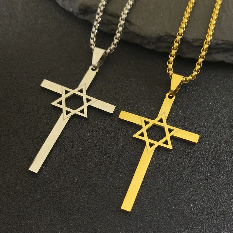 

Megan Hexagram David Star Necklace for Women Men Stainless Steel Jesus Cross Star Of David Chain Jewelry colar NZZZ732S01