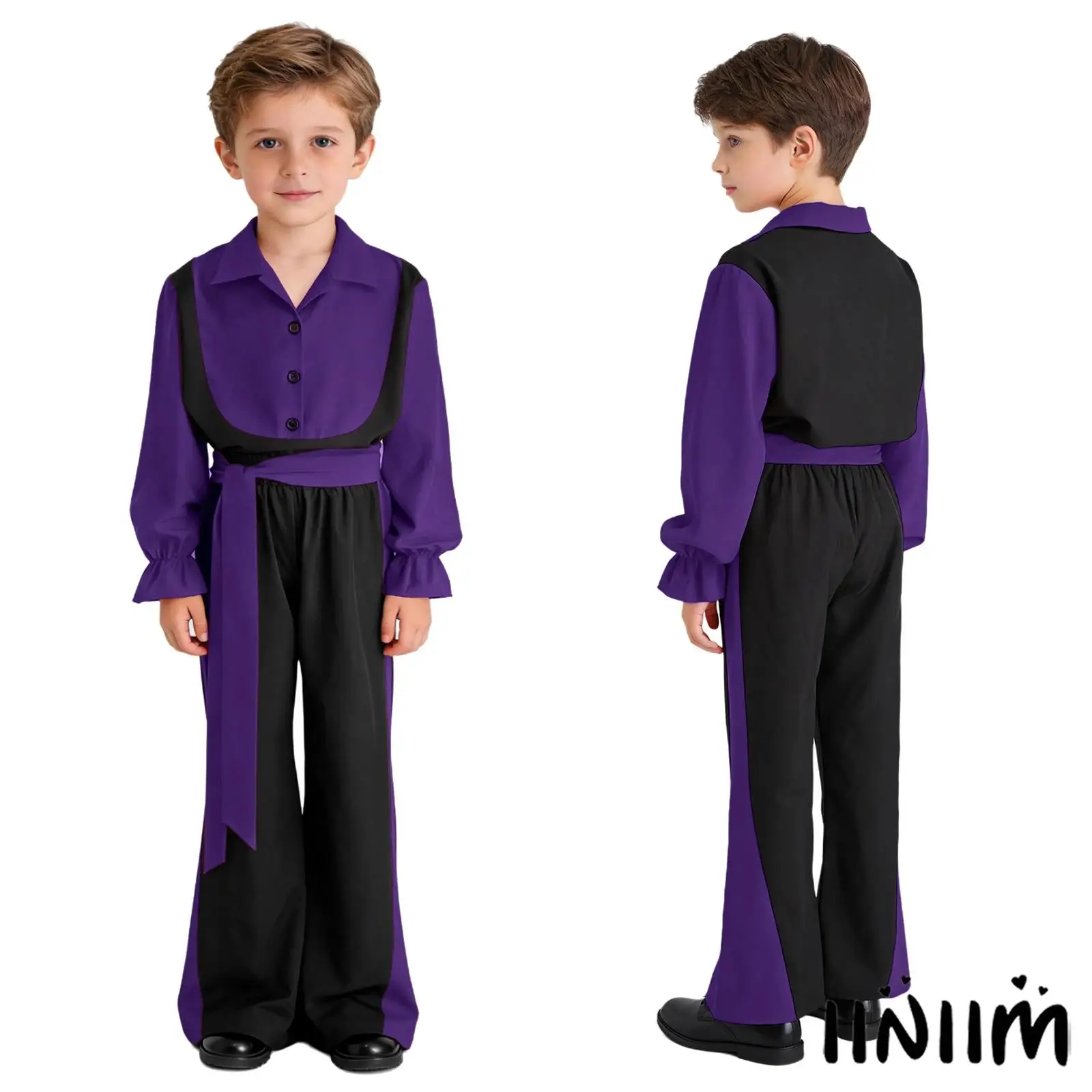 

Kid Girl Boy Cosplay Spanish Flamenco Stage Costume Long Puff Sleeve Pullover Shirt with Elastic Waistband Pants and Belt Suit