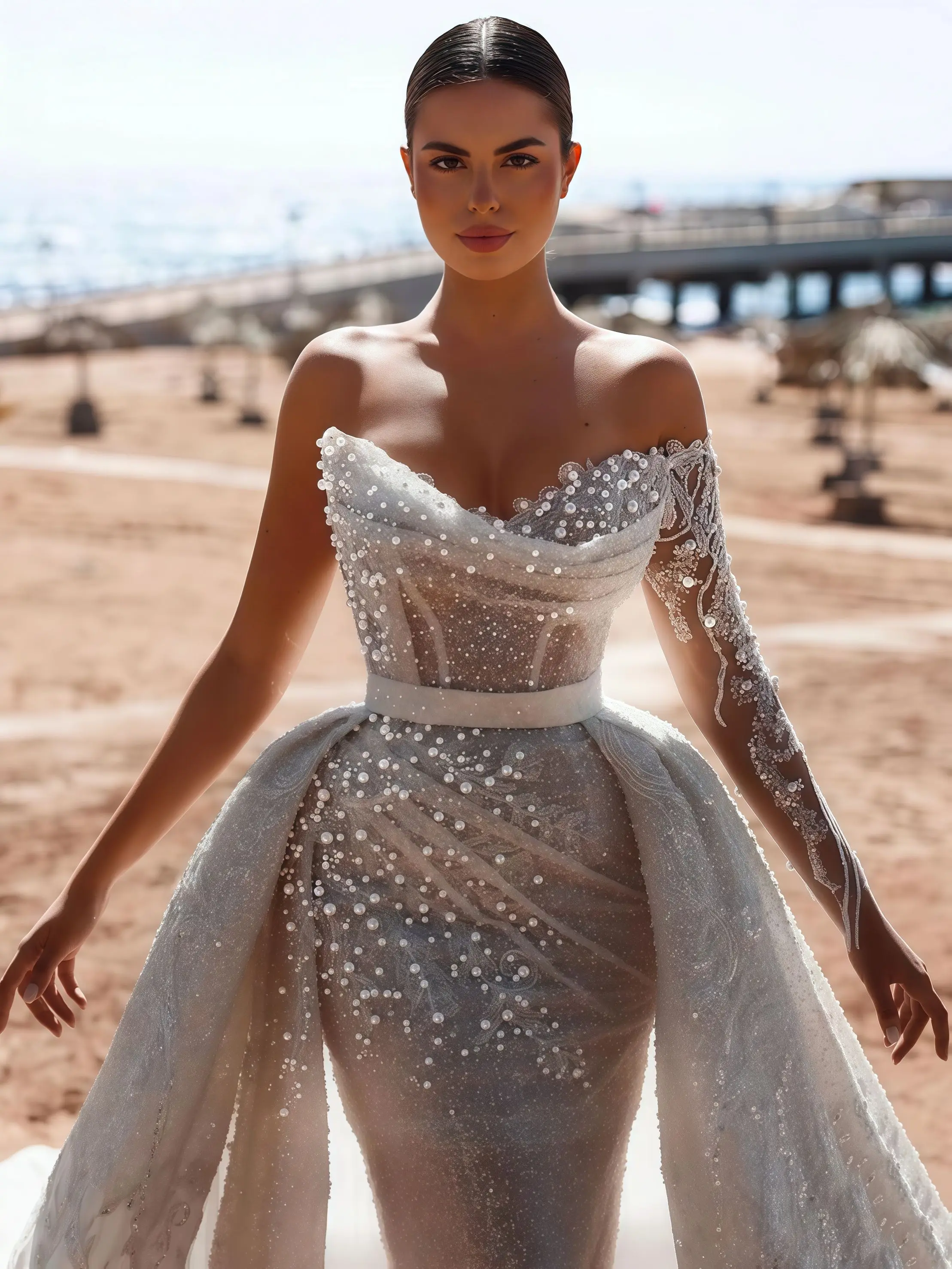 ชุดแต่งงานทรงเมอร์เมดแบบสั่งตัด ประดับมุกและเลื่อมระยิบระยับ สายเดี่ยว ดีไซน์หรูหรา พร้อมกระโปรงยาวแบบถอดได้