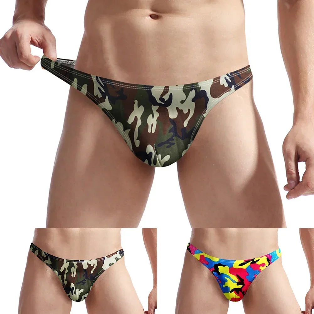 Men Enhance Pouch Thong Bikini Camouflage G-String Minikini Tangas Posing Underwear T-back Male Panties Breathable Underpants