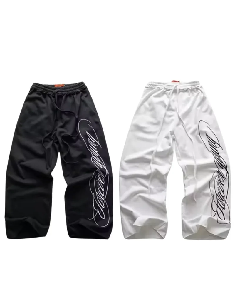 

American gothic punk trend letter pattern oversized casual pants men's Y2K street Harajuku multi pocket wide leg pants