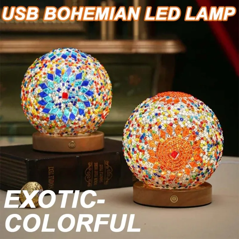 

Desktop Colored Glass Mosaic Nightlight Bohemian USB Plug Adjustable Warm Dimming LED Desk Lamp Hotel Home Decor
