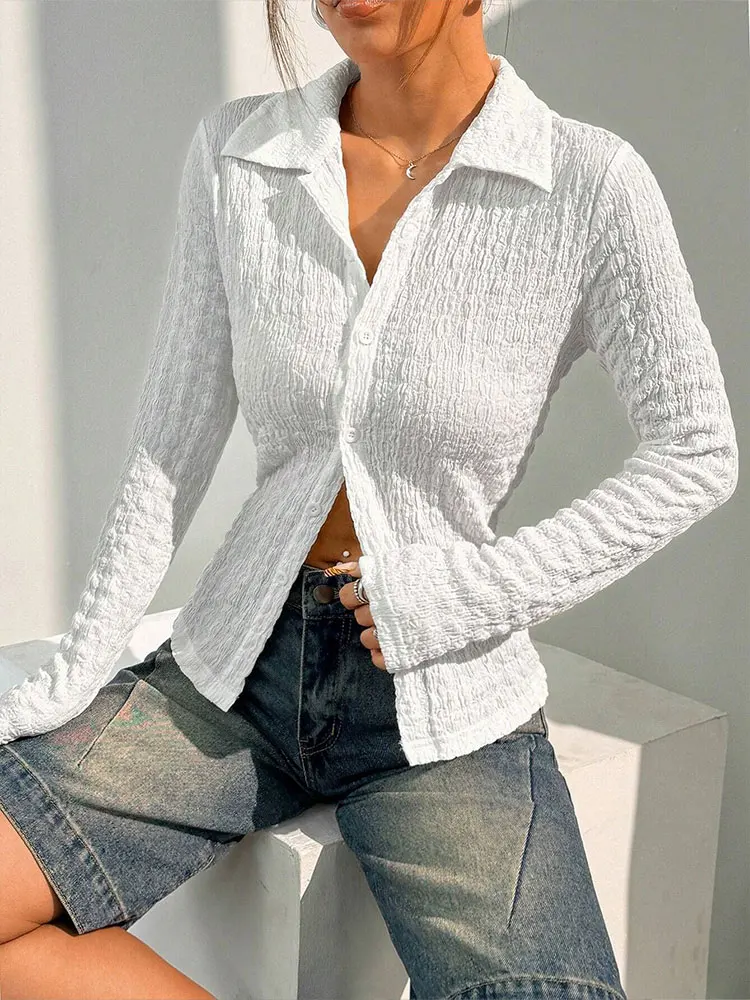 جديد المرأة تي شيرت ربيع الموضة الشارع الشهير زر طويلة الأكمام بدوره إلى أسفل طوق عادية سليم تيز الصلبة مثير ملابس أنيقة