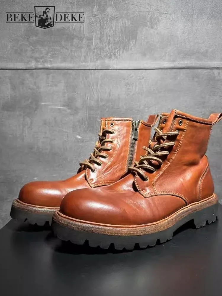British Style Mens Lace Up High Top Work Safety Shoes Cowhide Genuine Leather Ankle Boots Handmade New Motorcycle Riding Boots