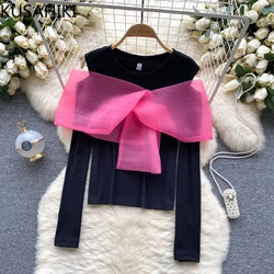 KUSAHIKI Fashion Mesh Bowknot Patchwork Hit Color Graphic T Shirts 2023 Autumn Long Sleeve Spicy Girl Y2k Shirts for Women Tops