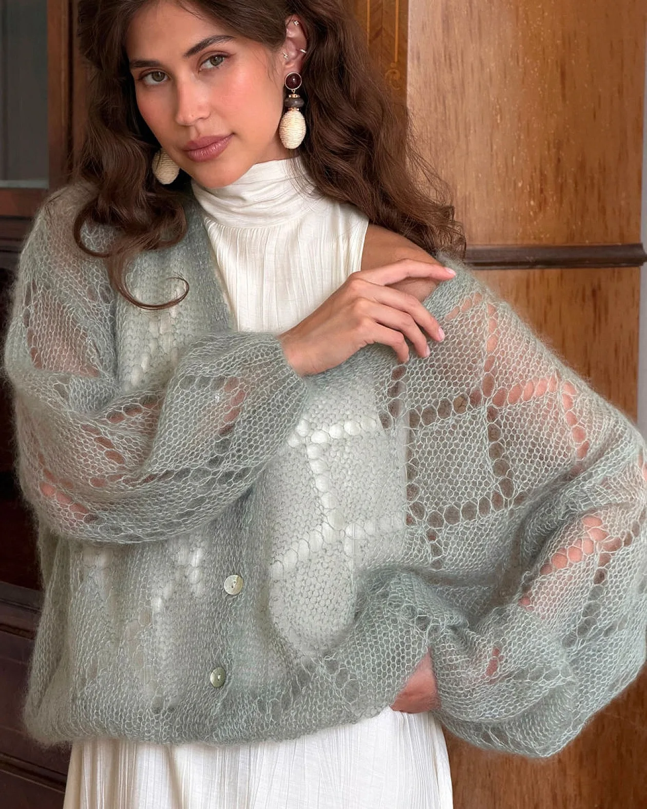 2026 New French Boho Mohair Knitted Cardigan for Women V Neck Loose Fit Long Sleeve Button Sheer Sweater Outerwear Cardigans view 3