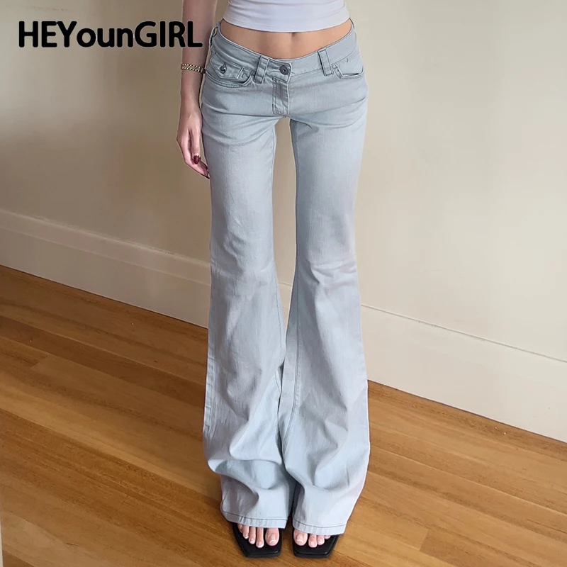 

HEYounGIRL Y2K Low Waist Denim Trousers Solid Color Women Casual Flare Jeans Basic Street Style Fashion Slim Fit Pants Summer