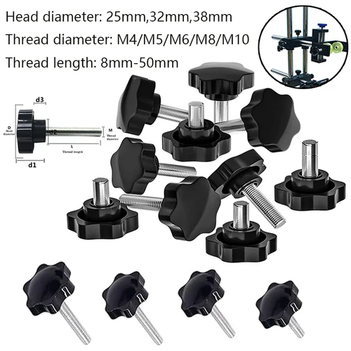 Imagen 1 del producto Tornillos de estrella hexagonal de 5 piezas/10 piezas, tornillo de perilla de abrazadera de rosca macho M4/M5/M6/M8/M10, tornillos de liberación de apriete manual, de 25mm diámetro de cabeza, 32mm y 38mm