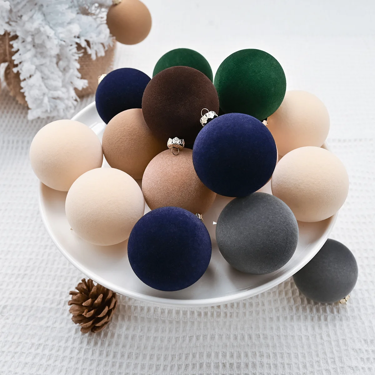 

12 Pcs Velvet Christmas Baubles Ornaments 6CM Flocked Plastic Shatterproof Xmas Balls for Christmas Tree Home Office Decor