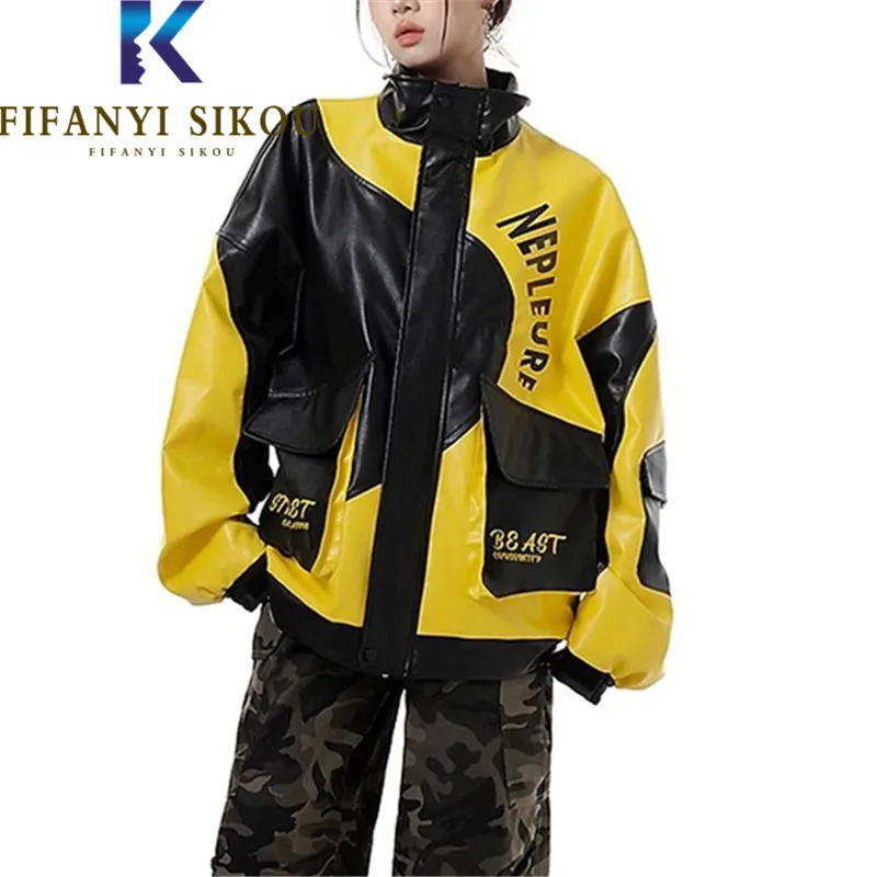 Autumn Oversize Women Spliced Leather Jacket Pocket Fashion Letter Print PU Jacket Streetwear Loose Zipper Biker Coat Female