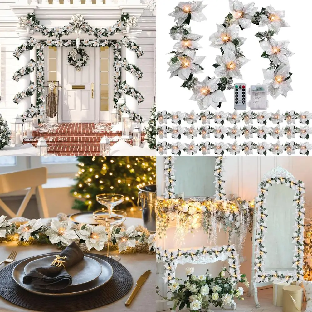 

Гирлянда Пуансеттия мощностью 6,5 футов на батарейках с гирляндами, блестящими падубами, ягодами, пультом дистанционного управления и таймером для Рождества в помещении и на открытом воздухе