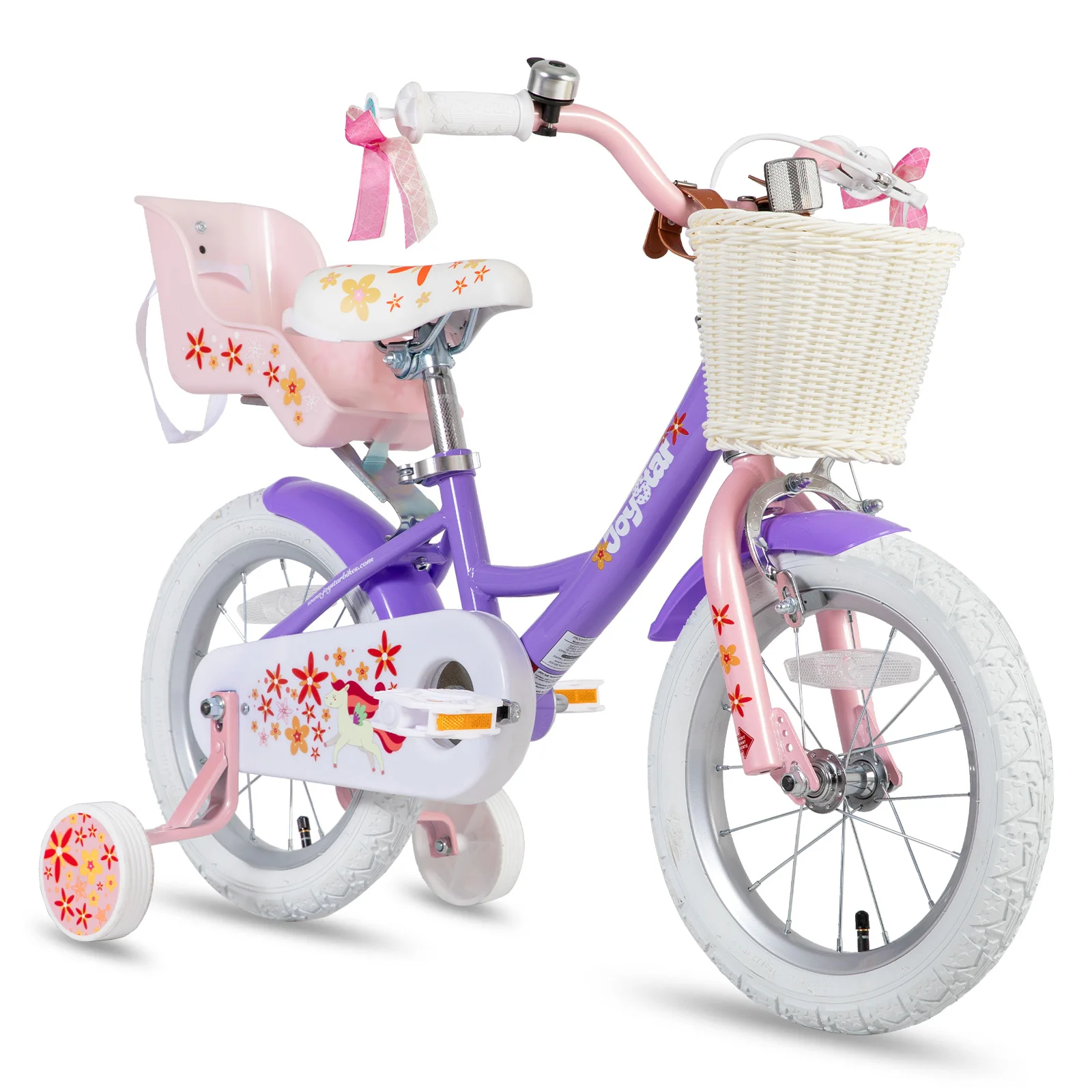 JOYSTAR kinderfiets voor meisjes van 2-9 jaar, 12 14 16 18 inch kinderfiets met zijwieltjes, poppenzitje, streamers, mand, paars