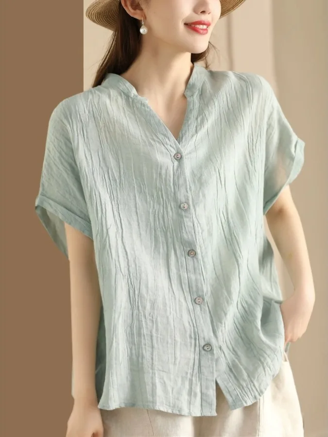

Retro Twist Pleated Women's Shirt Summer 2026 Lenzing Hemp Short Sleeve Loose Fit Breathable Skin-Friendly V-Neck Casual Top