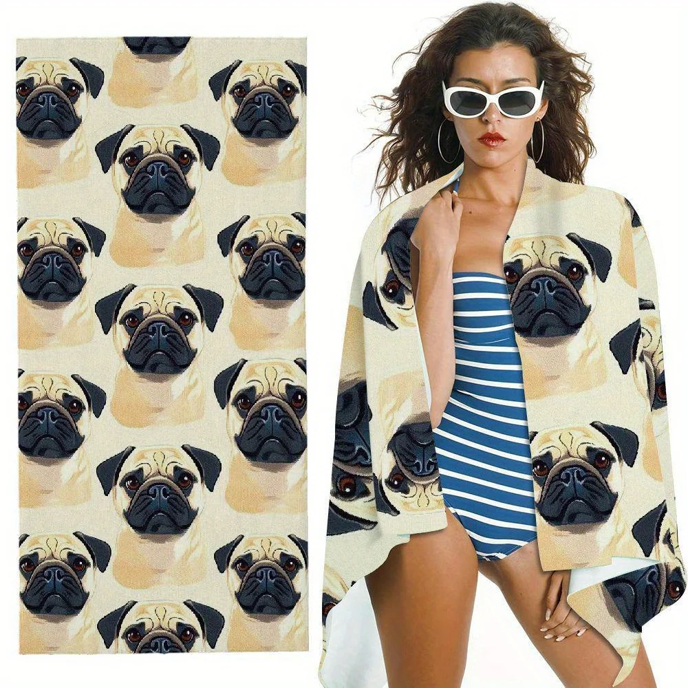 Oversized Pug Beach Towel, Soft Microfiber Quick Dry Cute Pug Print Bath Towel, Large Pool & Travel Beach Blanket 1pcs