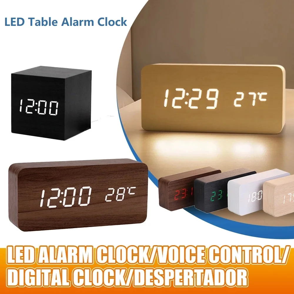 Home Decoration Alarm Table Clock LED Digital Wooden USB/AAA Powered Desk Clock Temperature Humidity Voice Control Electronic