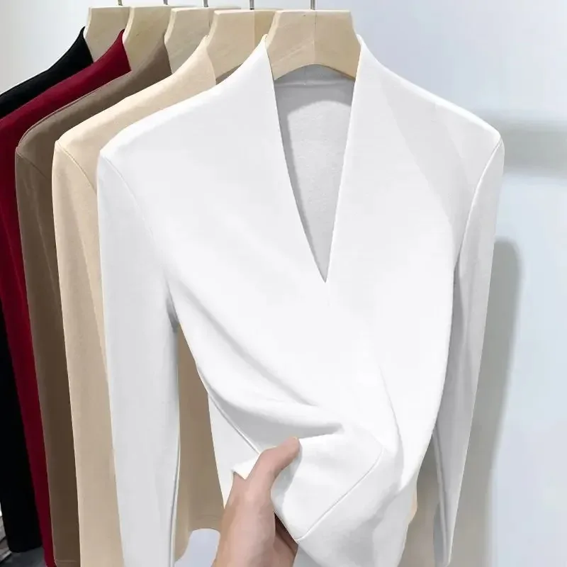 Women Wrap V Neck Ruched Long Sleeve Blouse Solid Color Elegant Slim Office Lady Shirt Business Casual Daily Workwear Basic Top