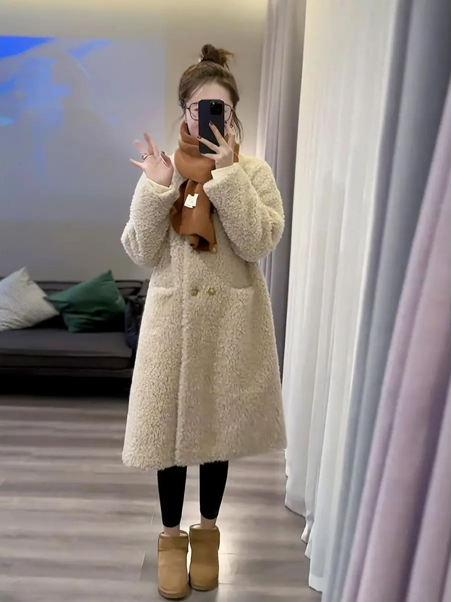 

Ladies Mid-Length Lamb Fur Coat Loose Warm Sli Autumn Winter New Sle Casual Commute Korean Sle plus Size Outerwear