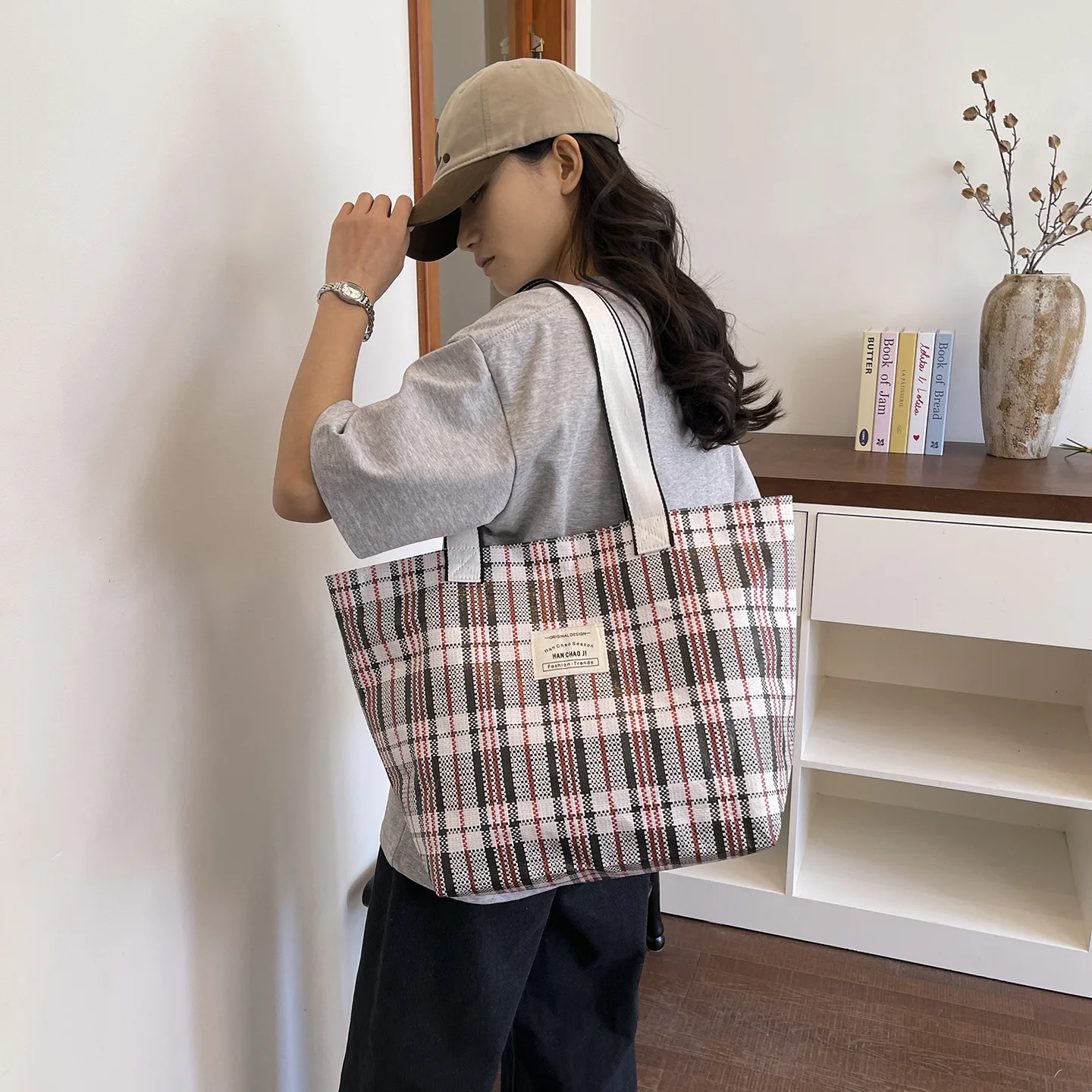 New Color Block Plaid Weave Tote Bag Large Capacity Durable Shoulder Bag Multifunctional Plaid Woven Mom Tote Bag