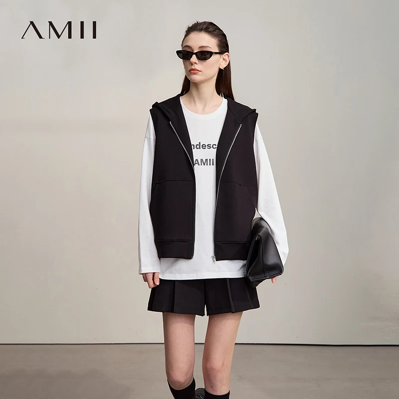 

AMII минималистичный женский жилет, осень 2022, новые свободные жилеты для отдыха для женщин, вязаный топ без рукавов на молнии с капюшоном, женский 12553073