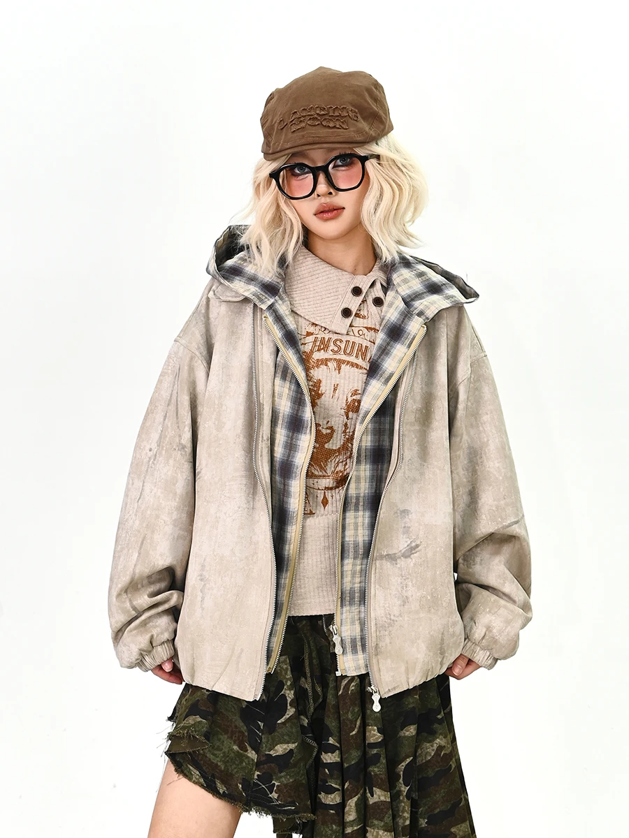 

Модная свободная женская рабочая куртка с капюшоном, узором тай-дай и клетчатым принтом, в уличном стиле, весна 2026, новинка, верхняя одежда, пальто