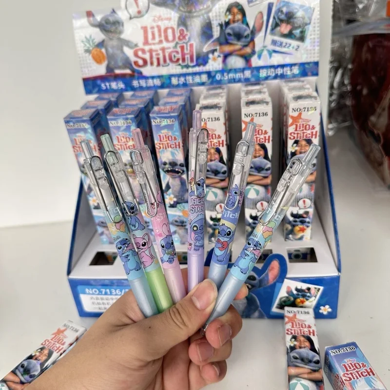 

24pcs/lot Creative Disney Stitch Press Gel Pen Cute 0.5mm Black Ink Press Signature Pens Promotional Gift School Supplies