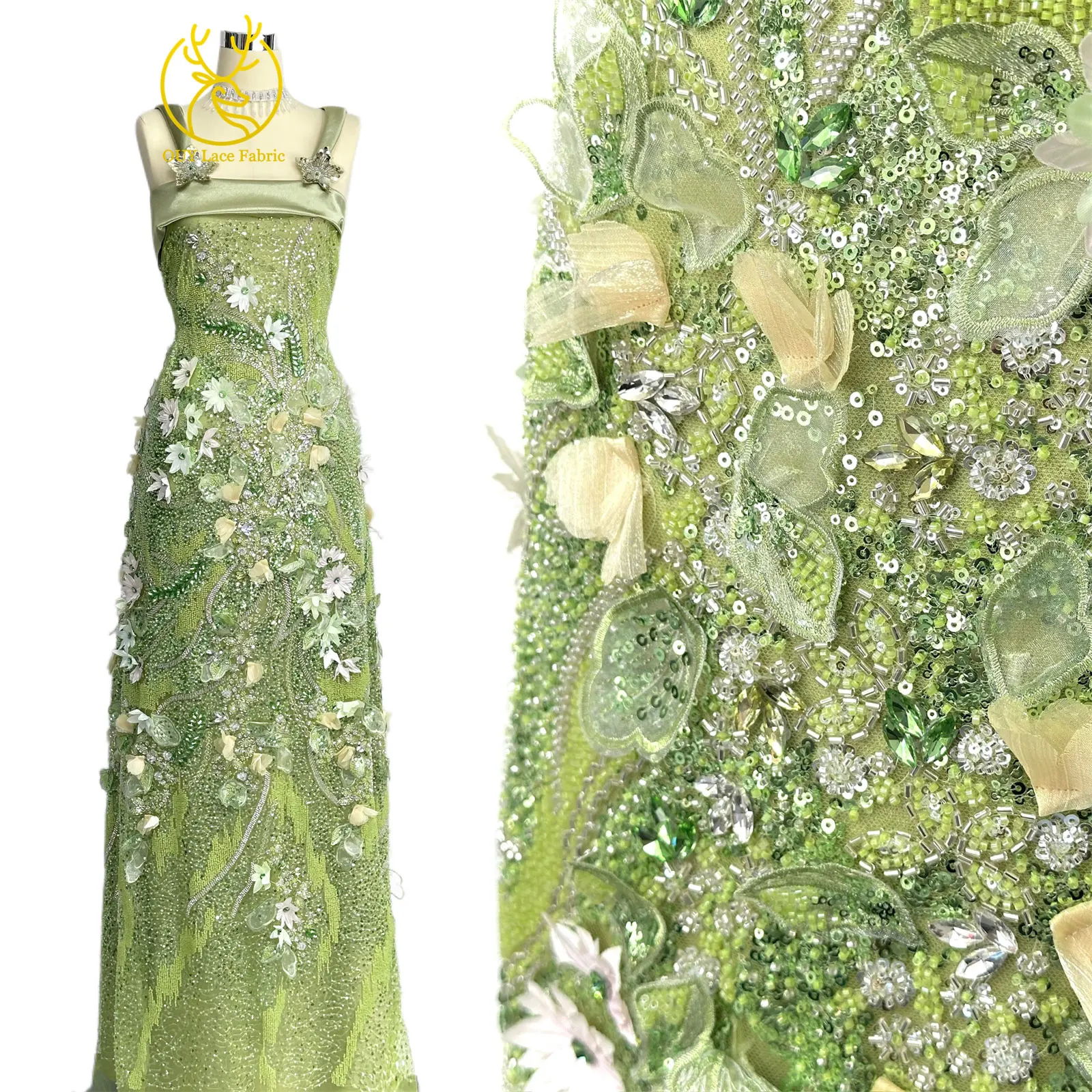 Hochwertiger luxuriöser französischer Edelstein-Perlenstickerei-3D-Blumen-Afrikanischer-Pailletten-Spitzenstoff für DIY handgefertigtes Hochzeitskleid. – Detail 6
