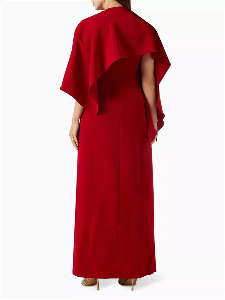 ที่กําหนดเอง V คอแขนกุดที่ถอดออกได้ Cape ซาติน Sheath ชุดราตรีเซ็กซี่กลับซิปความยาวด้านข้างชุดสําหรับสตรี