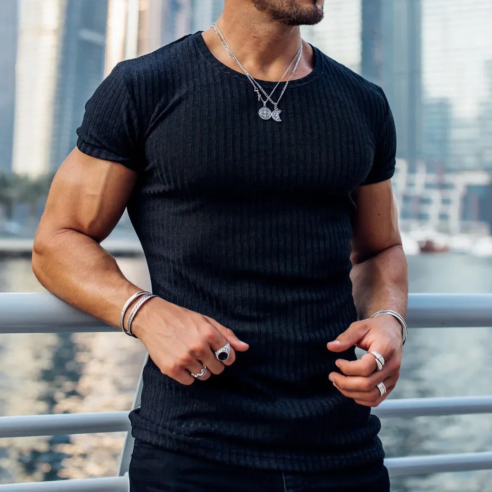Men's summer comfort tops sports fitness casual stand collar stretch fashion men's vertical strip round neck short-sleeved