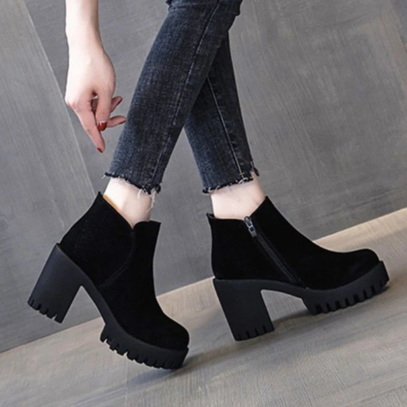 Female Ankle Boots Very High Heels Suede Platform Black Work Heeled Booties Chunky Short Shoes for Women Sale New Rock Footwear