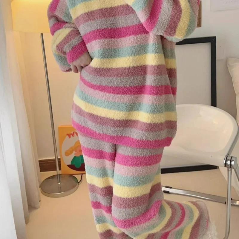 Thickened Rainbow Striped Coral Velvet Pajama for Woman 2024 New Net Red Cute Foreign Style Home Wear Warm Suit Comfortable