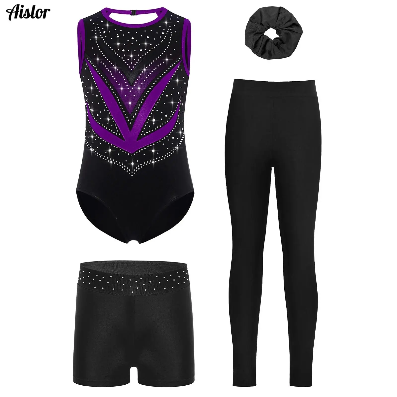 Roupa de ginástica infantil para meninas, 4 unidades, sem mangas, costas cruzadas, malha, patchwork, strass brilhantes, collant + shorts + leggings + faixa de cabelo