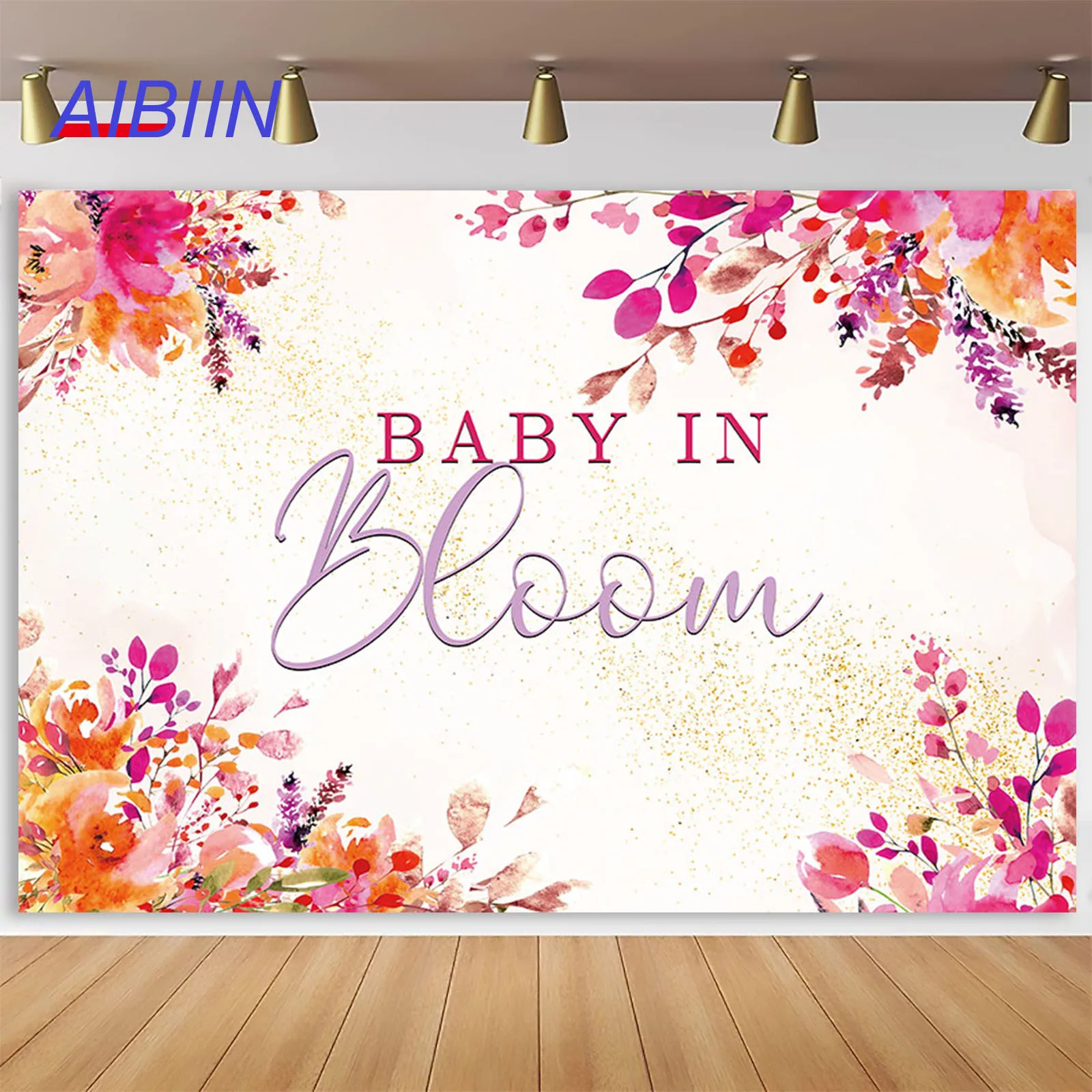 AIBIIN Baby in Bloom Backdrop Floral Gold Dots Baby Shower Party Decor Boy or Girl Gender Reveal Cake Photography Background